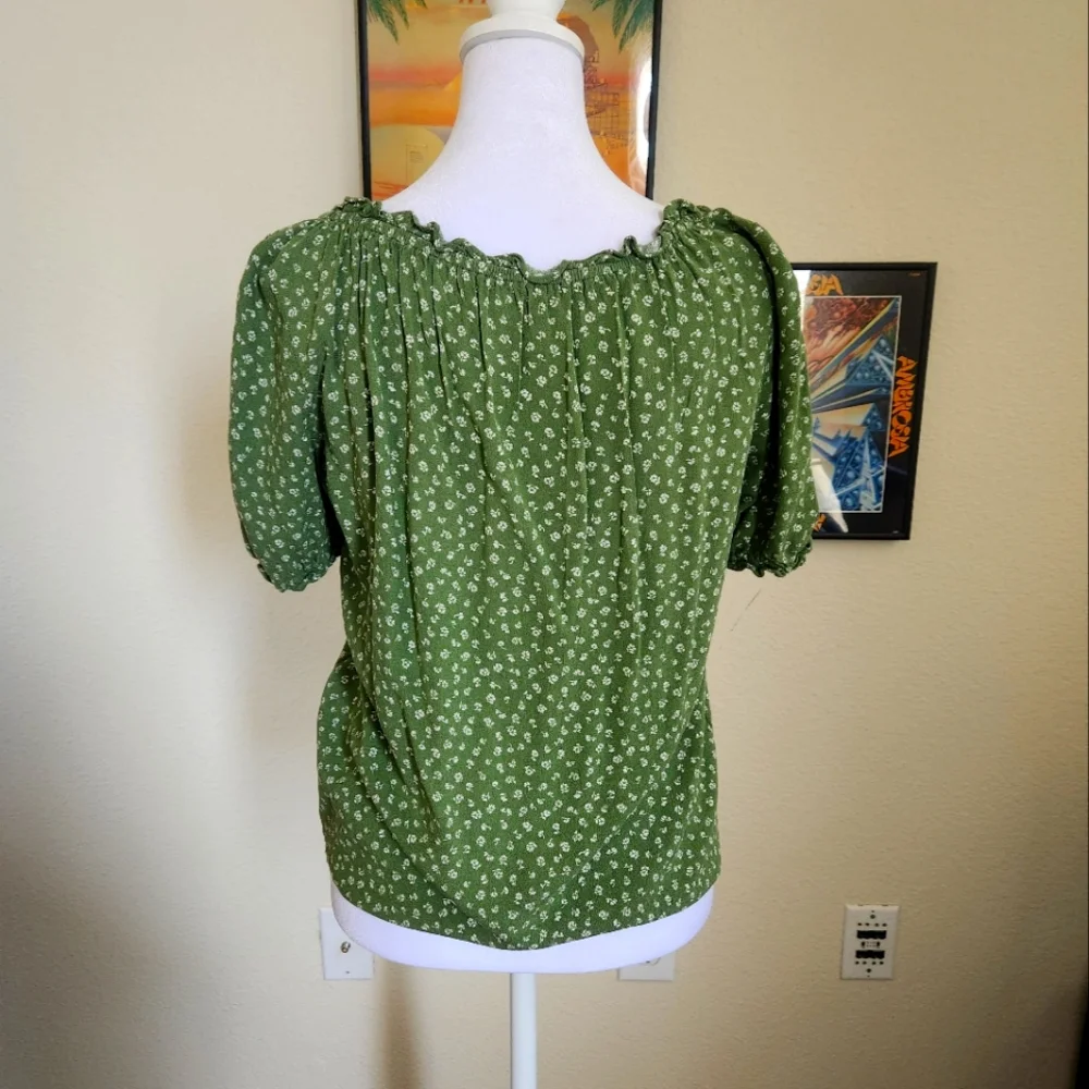 Reformation Green Floral Puff Sleeve Blouse